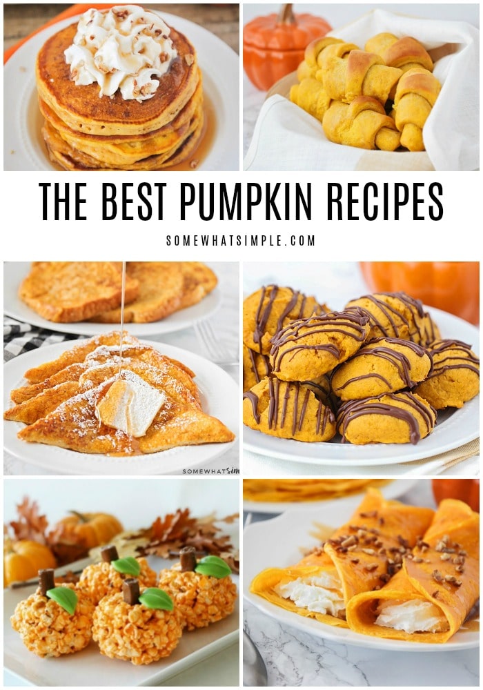 'Tis the season for pumpkin spice and everything nice! From pancakes to French toast and from cookies to dinner rolls, there's a recipe everyone will enjoy. Here are 30 recipes for fall food and drinks! #fallrecipes #pumpkinrecipes #pumpkinbreakfastrecipes #pumpkindessertrecipes #easypumpkinrecipeideas via @somewhatsimple