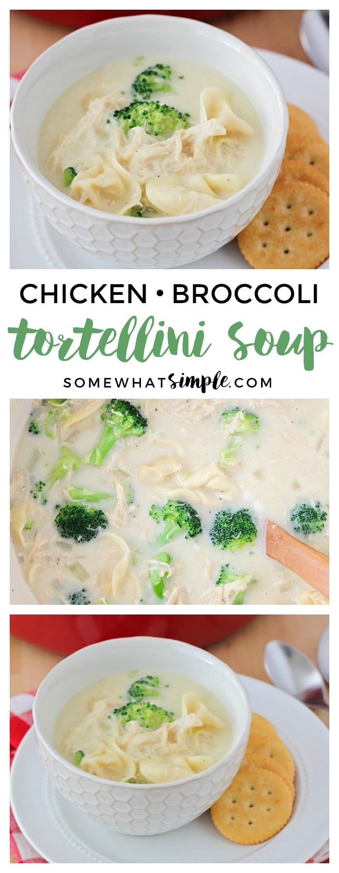 This chicken broccoli tortellini soup is a delicious and healthy meal that's ready in under thirty minutes. It's the perfect cozy dinner for a winter night! via @somewhatsimple