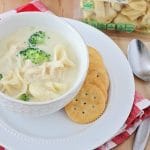 Tortellini Soup in a white bowl