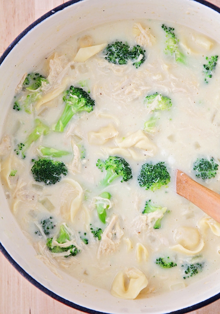 This chicken broccoli tortellini soup is a delicious and healthy meal that's ready in under thirty minutes. It's the perfect cozy dinner for a winter night! 