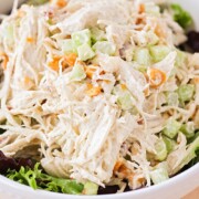 crunchy chicken salad in a white serving bowl
