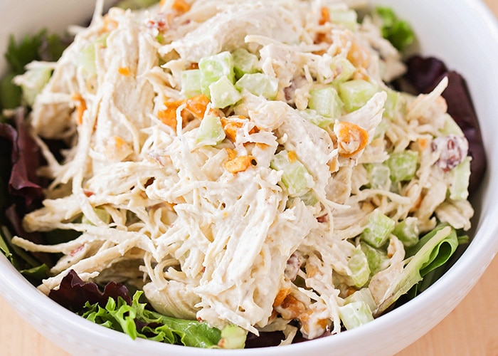 crunchy chicken salad in a white serving bowl