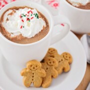 a glass mug filled with gingerbread hot chocolate topped with whipped cream