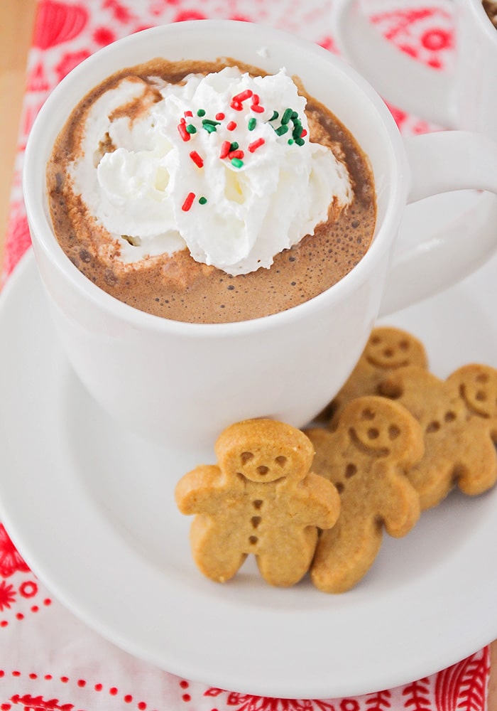 a cup of gingerbread hot chocolate with gingerbread cookies next to it.