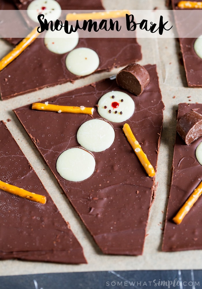 This fun and easy to make Snowman Bark is fun for the whole family. Cute, festive and tasty, you’ll fall head over heels for this chocolatey bark!