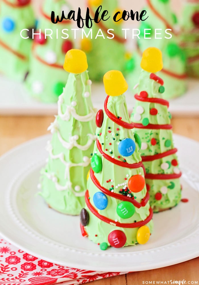 Are you looking for some Christmas treats to make with the kids this holiday season? These sugar cone Christmas trees are so fun and easy to put together, they're perfect for everyone! They're fun to make and even more fun to eat! via @somewhatsimple