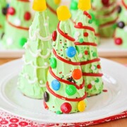 a waffle cone christmas tree decorated with candy
