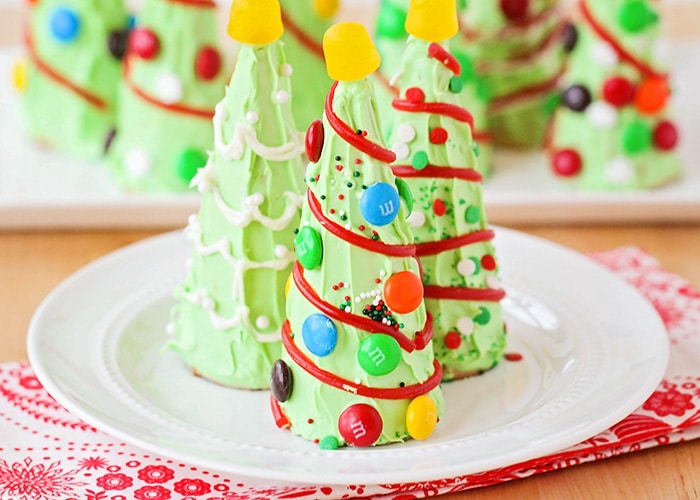 a waffle cone christmas tree decorated with candy