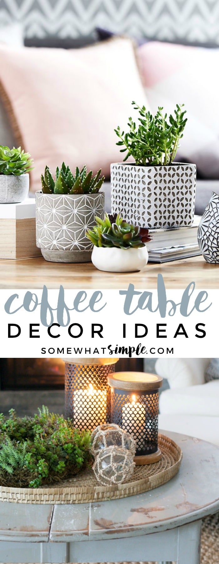 Ditch the junk mail, remotes and piles of magazines and get ready for a complete coffee table makeover! Here are 5 coffee table decor ideas that will set a beautiful stage for your entire living room! via @somewhatsimple