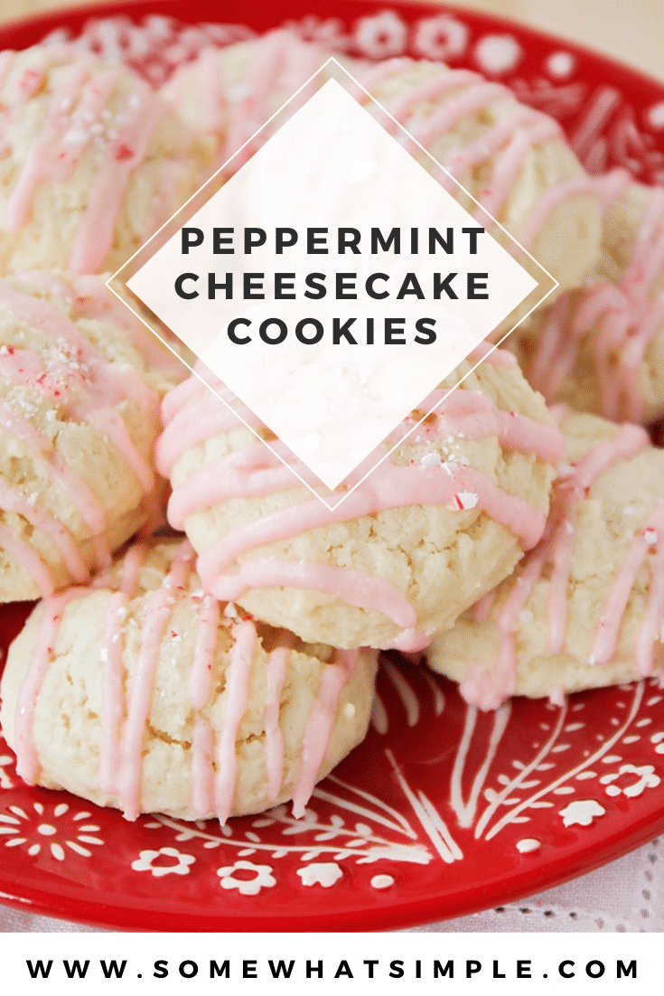 These soft and tender peppermint cheesecake cookies have an amazing cheesecake flavor, and the perfect hint of peppermint! They're perfect to enjoy during the Christmas season and are always a hit. Serve them at your next holiday party or enjoy them at home with a cup of hot chocolate. Either way, you'll love them! via @somewhatsimple