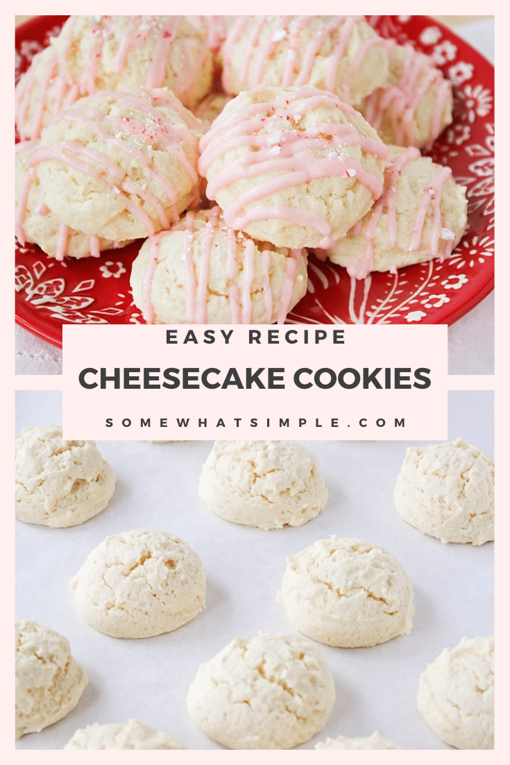 These soft and tender peppermint cheesecake cookies have an amazing cheesecake flavor, and the perfect hint of peppermint! They're perfect to enjoy during the Christmas season and are always a hit. Serve them at your next holiday party or enjoy them at home with a cup of hot chocolate. Either way, you'll love them! via @somewhatsimple