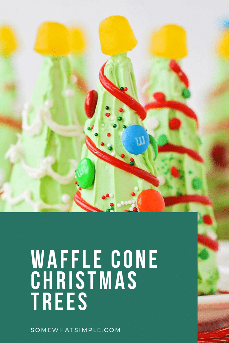 Are you looking for some Christmas treats to make with the kids this holiday season? These sugar cone Christmas trees are so fun and easy to put together, they're perfect for everyone! They're fun to make and even more fun to eat! via @somewhatsimple