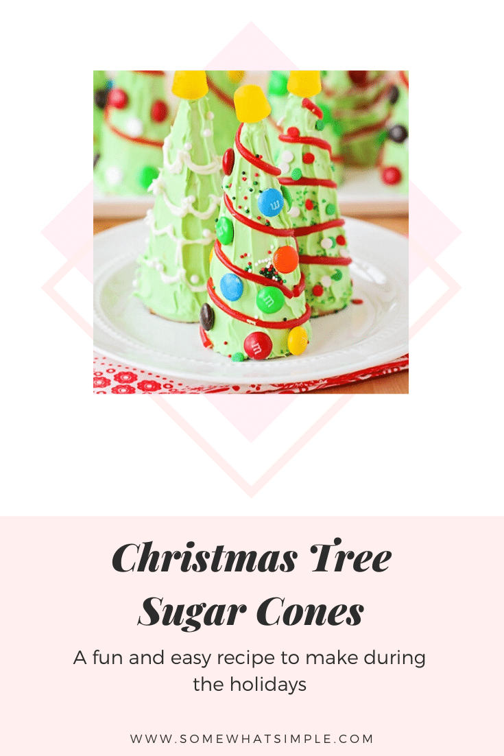 Are you looking for some Christmas treats to make with the kids this holiday season? These sugar cone Christmas trees are so fun and easy to put together, they're perfect for everyone! They're fun to make and even more fun to eat! via @somewhatsimple