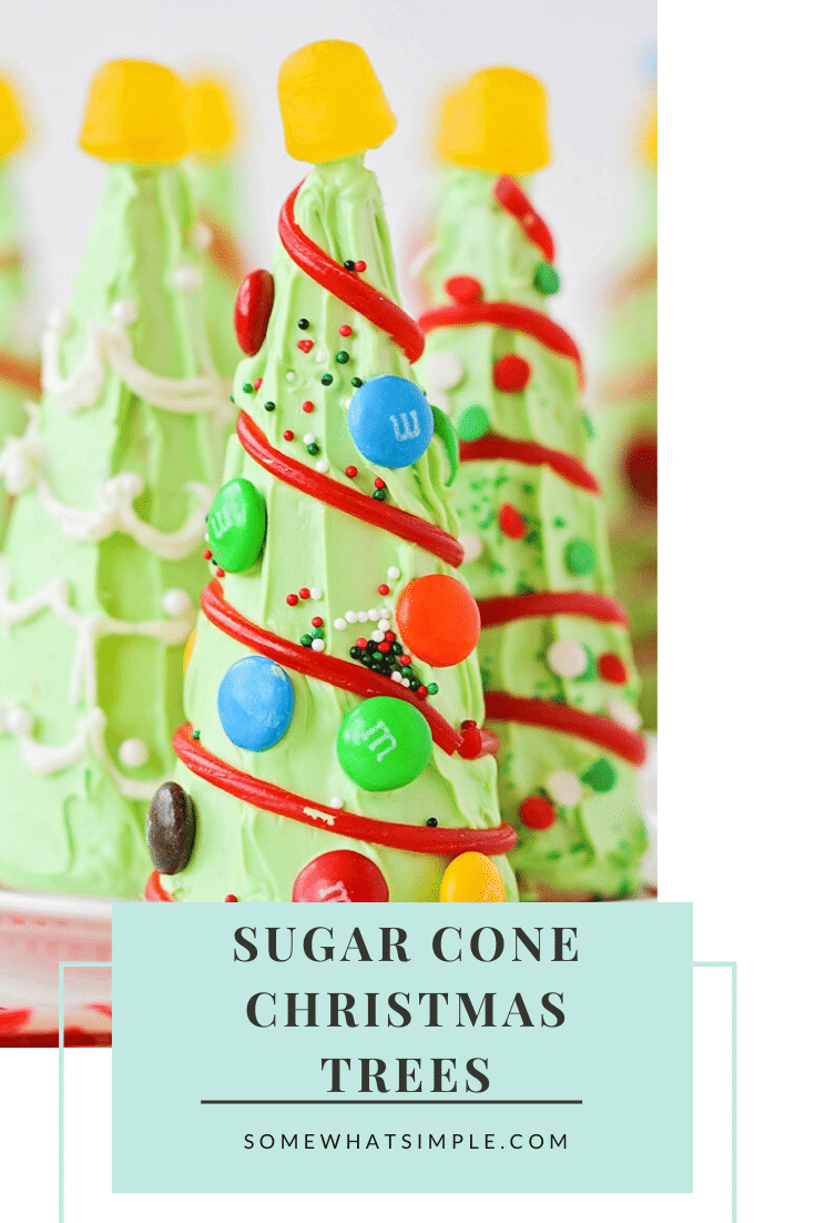 Are you looking for some Christmas treats to make with the kids this holiday season? These sugar cone Christmas trees are so fun and easy to put together, they're perfect for everyone! They're fun to make and even more fun to eat! via @somewhatsimple
