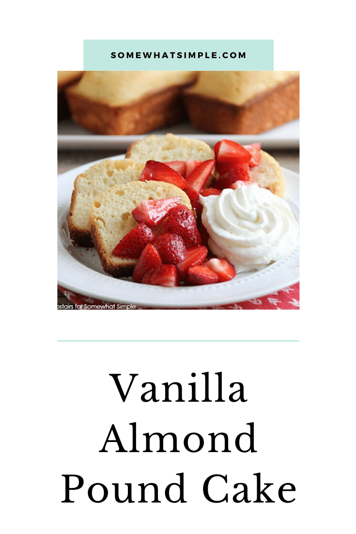 This recipe for vanilla almond pound cake is simple and easy to make. You only need to use basic ingredients typically found in your pantry. The delicious combo of vanilla and almond tastes fantastic and you can enjoy for dessert or breakfast! #easydessert #dessertrecipes #easyrecipe #cake #poundcake #vanillapoundcake #vanillaalmondpoundcake #almondpoundcake via @somewhatsimple