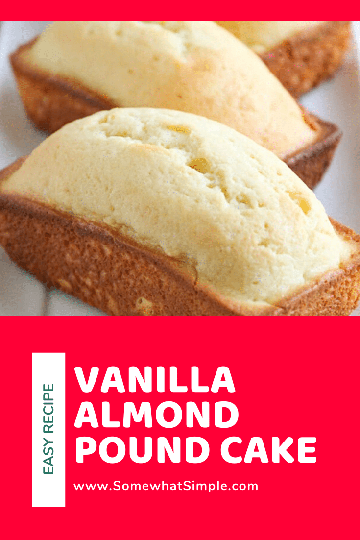 This recipe for vanilla almond pound cake is simple and easy to make. You only need to use basic ingredients typically found in your pantry. The delicious combo of vanilla and almond tastes fantastic and you can enjoy for dessert or breakfast! #easydessert #dessertrecipes #easyrecipe #cake #poundcake #vanillapoundcake #vanillaalmondpoundcake #almondpoundcake via @somewhatsimple