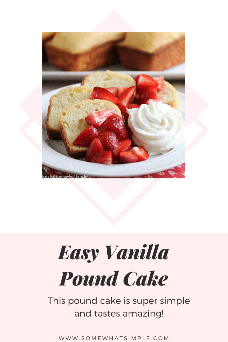 This recipe for vanilla almond pound cake is simple and easy to make. You only need to use basic ingredients typically found in your pantry. The delicious combo of vanilla and almond tastes fantastic and you can enjoy for dessert or breakfast! #easydessert #dessertrecipes #easyrecipe #cake #poundcake #vanillapoundcake #vanillaalmondpoundcake #almondpoundcake via @somewhatsimple