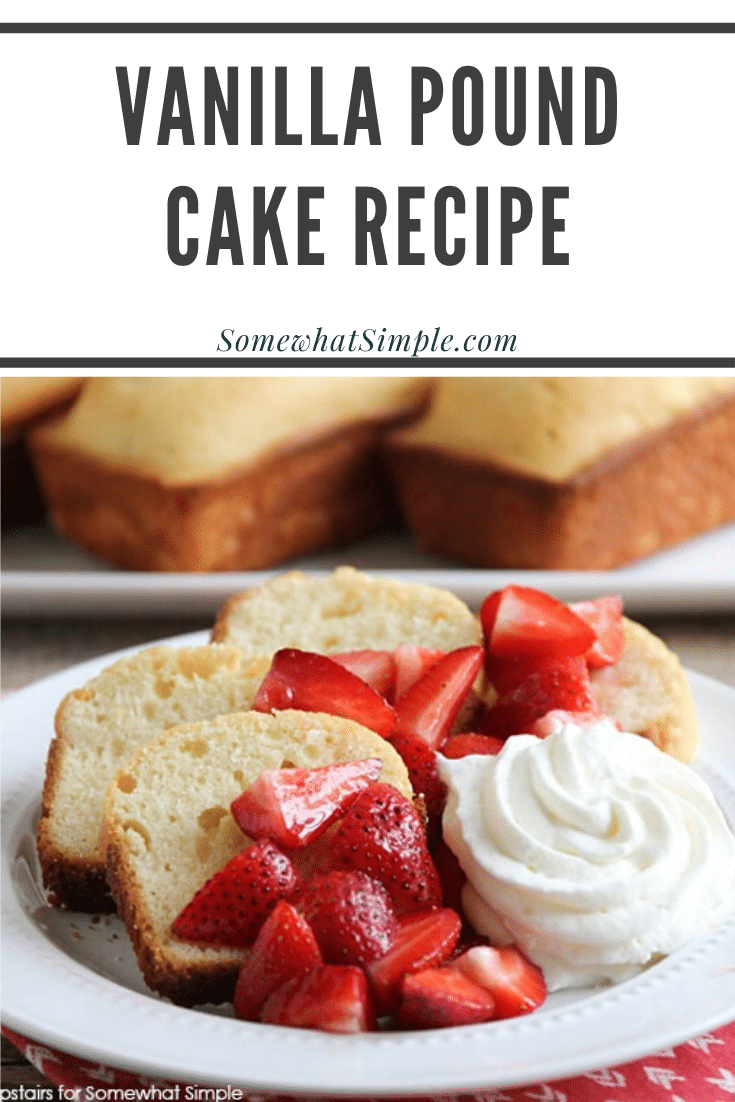 This recipe for vanilla almond pound cake is simple and easy to make. You only need to use basic ingredients typically found in your pantry. The delicious combo of vanilla and almond tastes fantastic and you can enjoy for dessert or breakfast! #easydessert #dessertrecipes #easyrecipe #cake #poundcake #vanillapoundcake #vanillaalmondpoundcake #almondpoundcake via @somewhatsimple