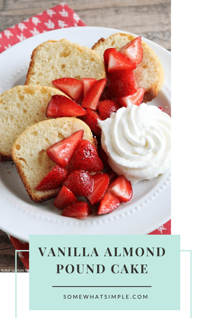 This recipe for vanilla almond pound cake is simple and easy to make. You only need to use basic ingredients typically found in your pantry. The delicious combo of vanilla and almond tastes fantastic and you can enjoy for dessert or breakfast! #easydessert #dessertrecipes #easyrecipe #cake #poundcake #vanillapoundcake #vanillaalmondpoundcake #almondpoundcake via @somewhatsimple