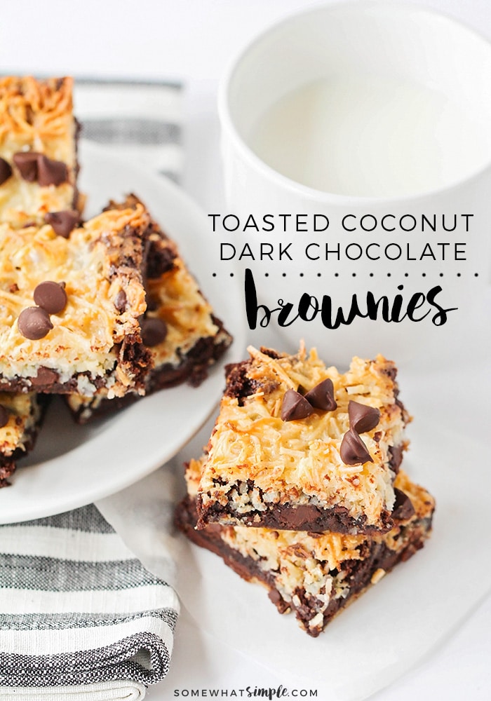 One-bowl coconut brownies are indulgent and delicious! They're easy to make and have the perfect contrast of flavors and textures! via @somewhatsimple