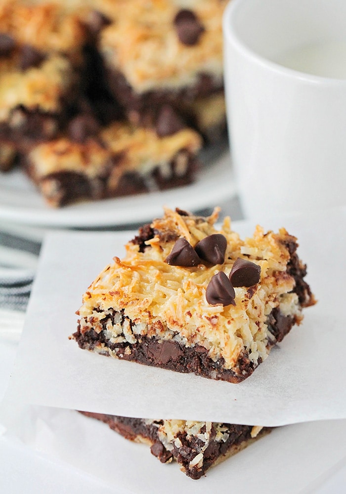 These easy to make one-bowl toasted coconut dark chocolate brownies are so indulgent and delicious! They're the perfect contrast of flavors and textures!