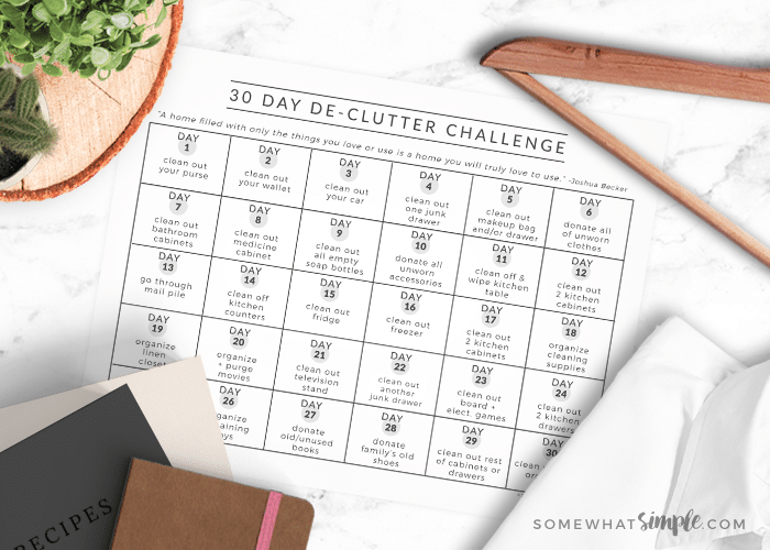 a black and white decluttering printable calendar