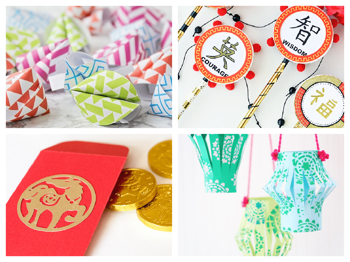 collage of 4 images showing chinese new year crafts for kids