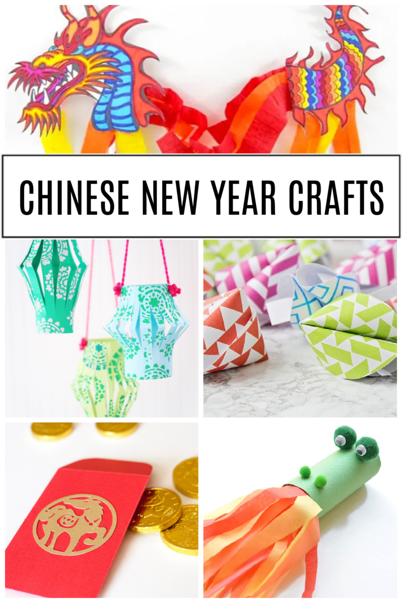 Collage of 5  chinese new year crafts for kids