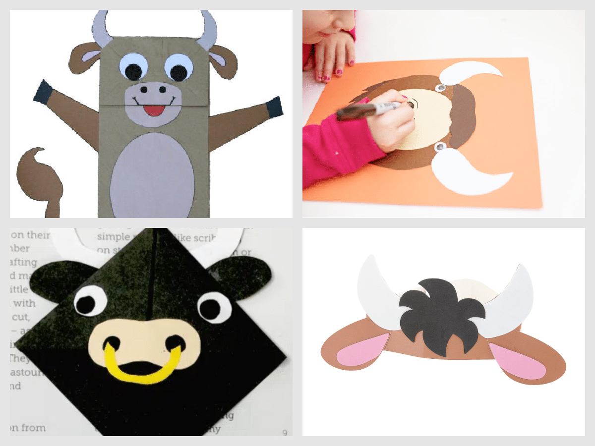 collage of ox and cow crafts for kids