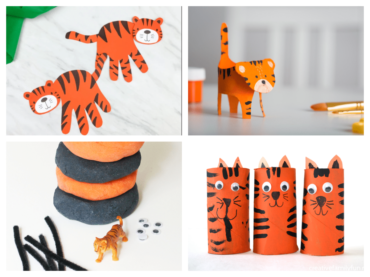 collage of 4 tiger crafts