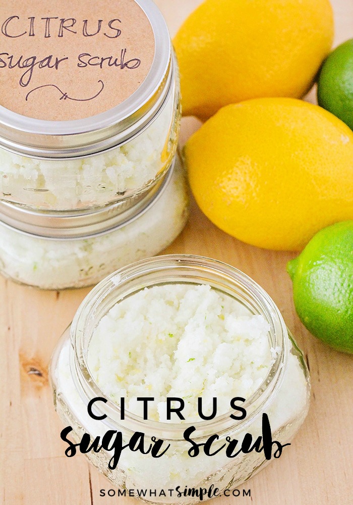 Looking for a new DIY Sugar Scrub Recipe that smells delicious and makes your skin feel amazing? This Citrus Sugar Scrub is our new favorite! #citrussugarscrub #sugarscrub #sugarscrubrecipe via @somewhatsimple
