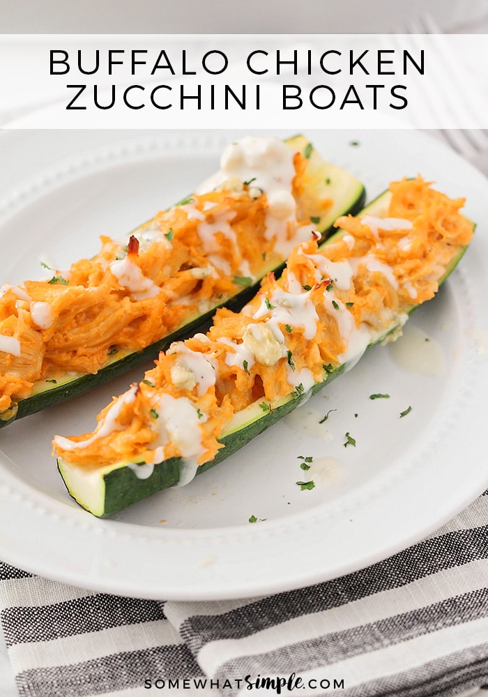 These savory and cheesy buffalo chicken zucchini boats are the perfect low-carb dinner! They're loaded with buffalo chicken flavor, and so easy to make! #lowcarb #buffalochickenzucchini #buffalochickenzucchiniboats #ketobuffalochickenzucchiniboats #easybuffalochickenappetizer via @somewhatsimple