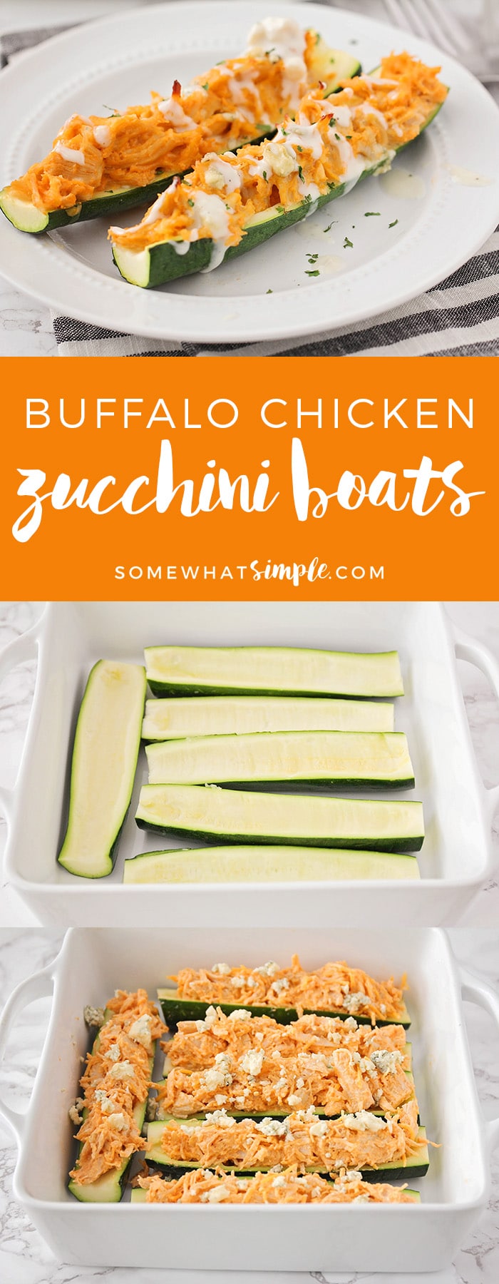 These savory and cheesy buffalo chicken zucchini boats are the perfect low-carb dinner! They're loaded with buffalo chicken flavor, and so easy to make! #easyrecipe #lowcarb #buffalochicken #easydinner #healthyrecipes #healthyeating #recipeideas