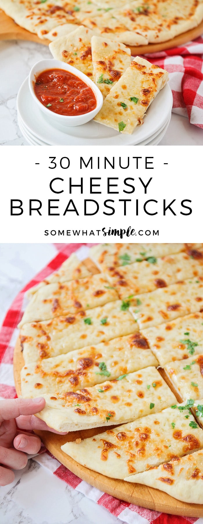 These easy cheesy breadsticks take just 30 minutes to make, and are the perfect side dish or appetizer. They're amazingly delicious and so cheesy!