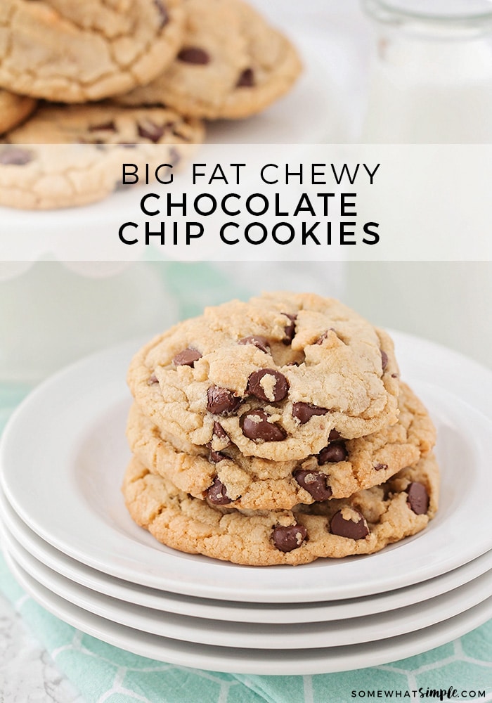 These chewy chocolate chip cookies are thick, soft, and jam-packed with chocolate chips! They are big and delicious and super easy to make! via @somewhatsimple