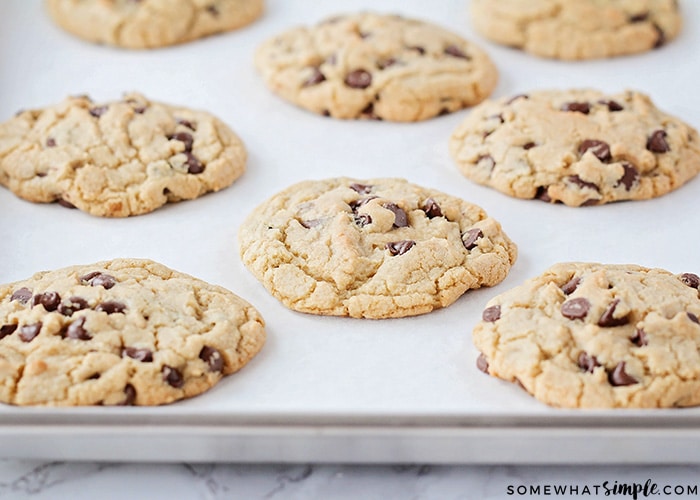 Big Fat Chewy Chocolate Chip Cookies cooked on a baking sheet