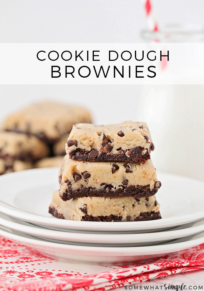 These cookie dough brownies are so rich and decadent! A fudgy chocolate brownie layer topped with eggless cookie dough, for an unforgettable dessert! They are the perfect combination of my two favorite treats; brownies and chocolate chip cookies. via @somewhatsimple