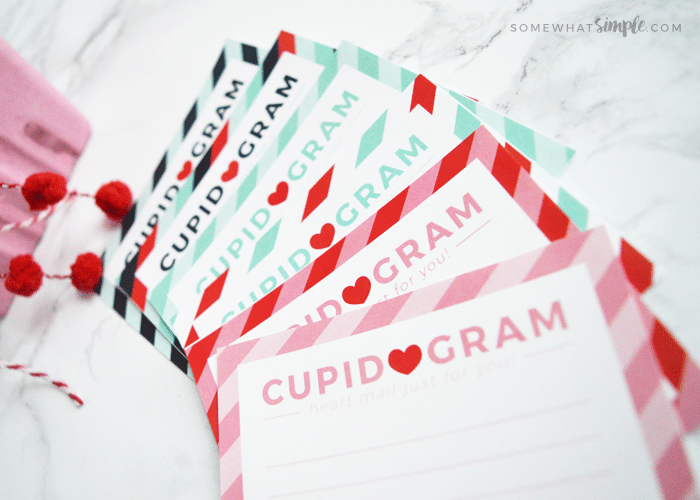 different color Cupid grams that can be place into the basket of the Valentine boxes.