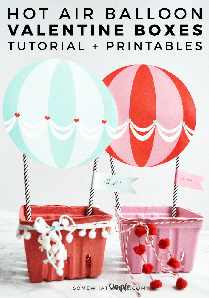 Want to make Valentine Boxes this year that are insanely darling, but super easy and quick to put together? Then you have to check out this adorable Hot Air Balloon Valentine Box idea! #valentine #valentinebox #valentinesday via @somewhatsimple