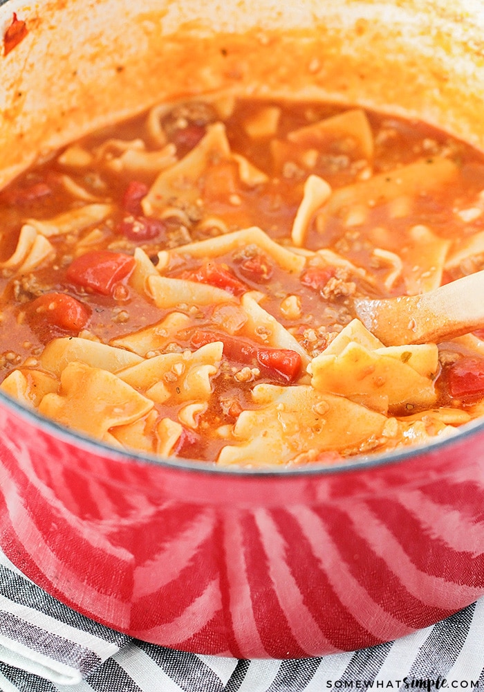 This savory lasagna soup is simple and easy to make, and tastes just like lasagna! It's the perfect hearty soup for a cold night!