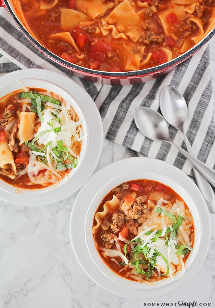 This savory lasagna soup is simple and easy to make, and tastes just like lasagna! It's the perfect hearty soup for a cold night!