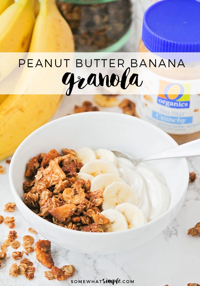 This homemade peanut butter banana granola is so delicious, and healthy too! It's perfect for a quick snack or a tasty breakfast!