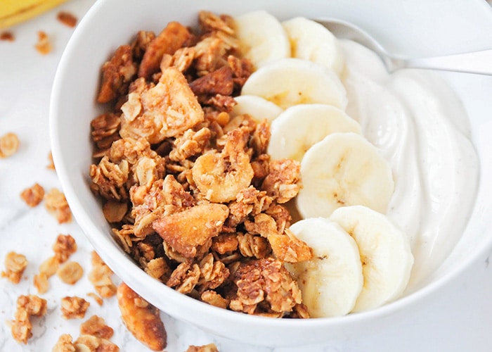 This homemade peanut butter banana granola is so delicious, and healthy too! It's perfect for a quick snack or a tasty breakfast!