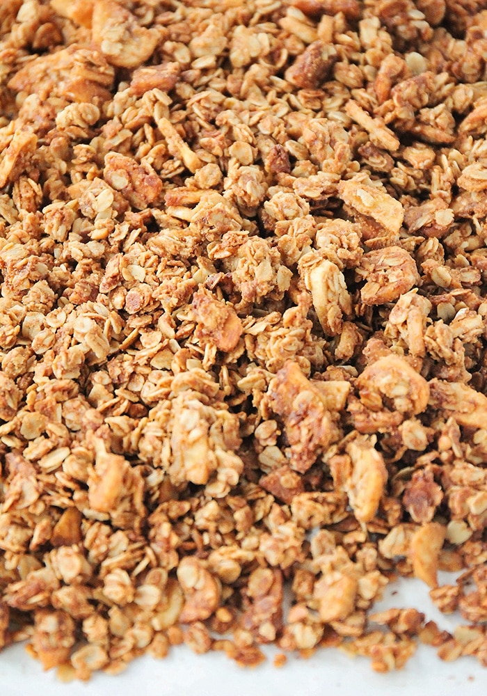 This homemade peanut butter banana granola is so delicious, and healthy too! It's perfect for a quick snack or a tasty breakfast!