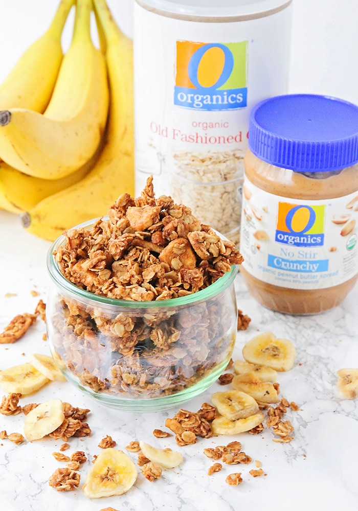 This homemade peanut butter banana granola is so delicious, and healthy too! It's perfect for a quick snack or a tasty breakfast!