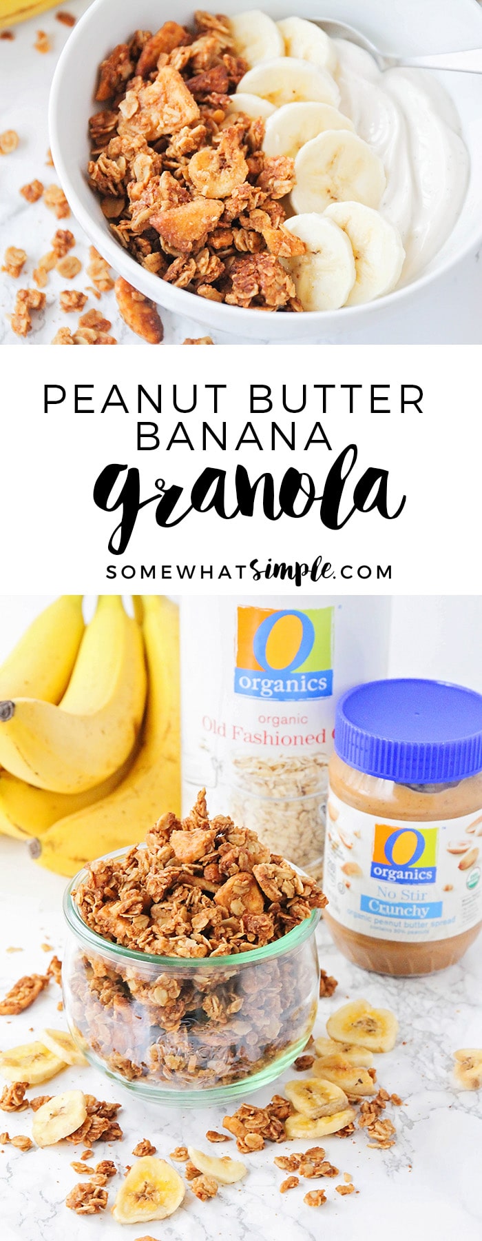 This homemade peanut butter banana granola is so delicious, and healthy too! It's perfect for a quick snack or a tasty breakfast! via @somewhatsimple