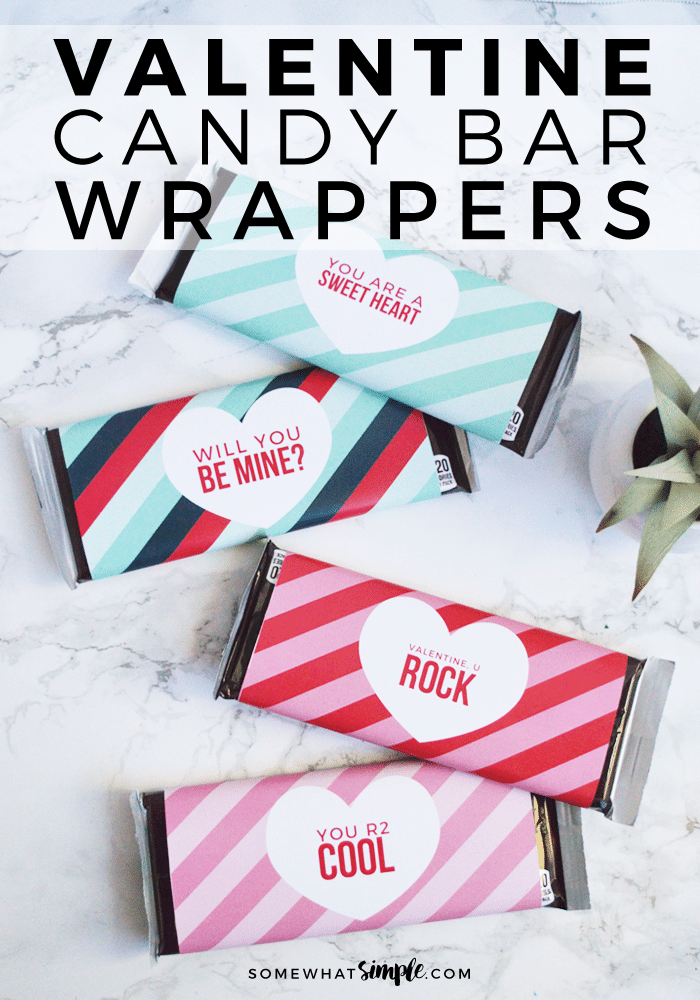 These Valentine candy bar wrappers make a simple gift that you can make in just minutes!  All you need is a box of Hershey candy bars and to download this adorable printable and you're all set!  #valentinesdaycandybarwrapper #valentinesdaycandybarwrapperprintable #diycandybarwrappervalentinesday #valentinescandyidea #valentinescandygram via @somewhatsimple