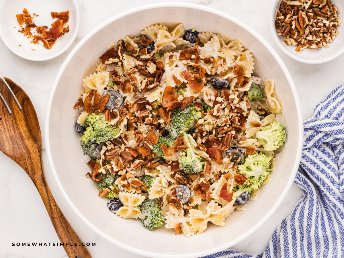 Finished dish of Broccoli Grape Pasta Salad in a white bowl