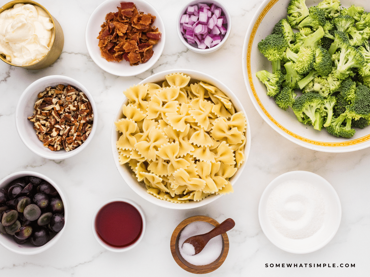 Ingredients needed to make Broccoli Grape Pasta Salad