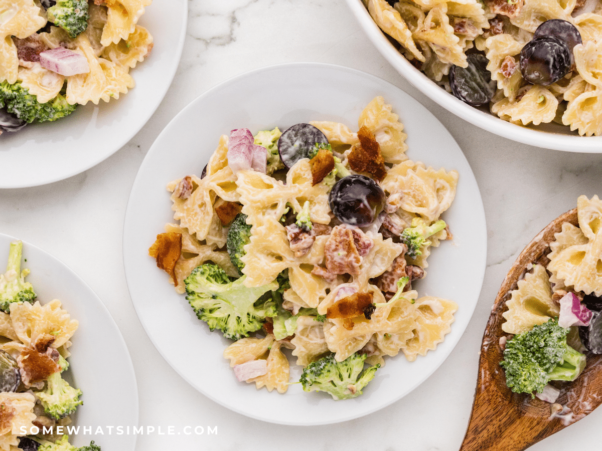 Broccoli Grape Pasta Salad on a white plate